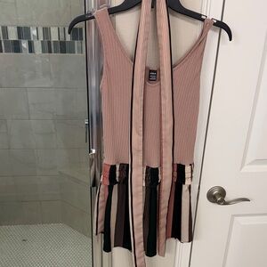 SHEIN Mauve Pink Ribbed Romper with Striped Panel Skirt
